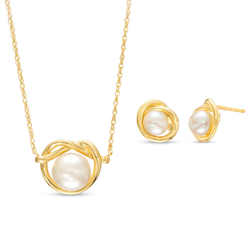 Main Image 1 of Freshwater Cultured Pearl Love Knot Necklace and Stud Earrings Set in 10K Gold