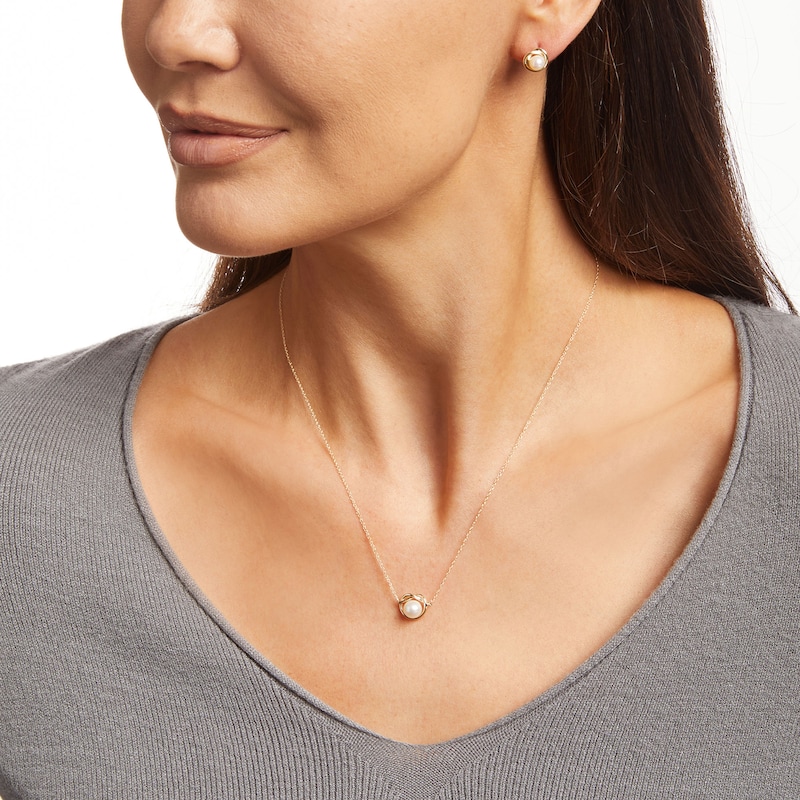 Main Image 2 of Freshwater Cultured Pearl Love Knot Necklace and Stud Earrings Set in 10K Gold
