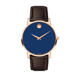Men's Movado Museum Classic Rose-Tone IP Brown Leather Strap Watch with Blue Dial (Model: 0607597)