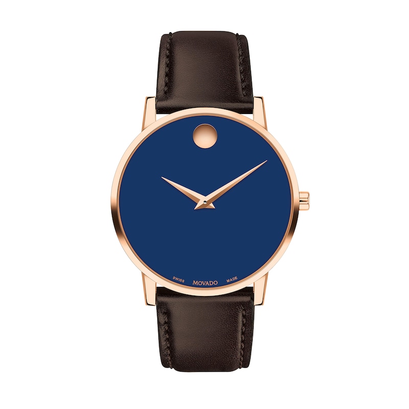 Men's Movado Museum Classic Rose-Tone IP Brown Leather Strap Watch with Blue Dial (Model: 0607597)|Peoples Jewellers