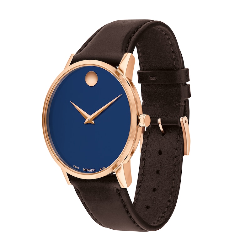 Main Image 2 of Men's Movado Museum Classic Rose-Tone IP Brown Leather Strap Watch with Blue Dial (Model: 0607597)
