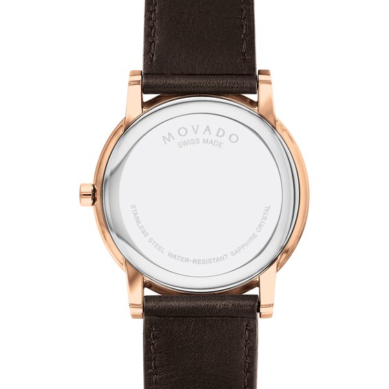 Men's Movado Museum Classic Rose-Tone IP Brown Leather Strap Watch with Blue Dial (Model: 0607597)