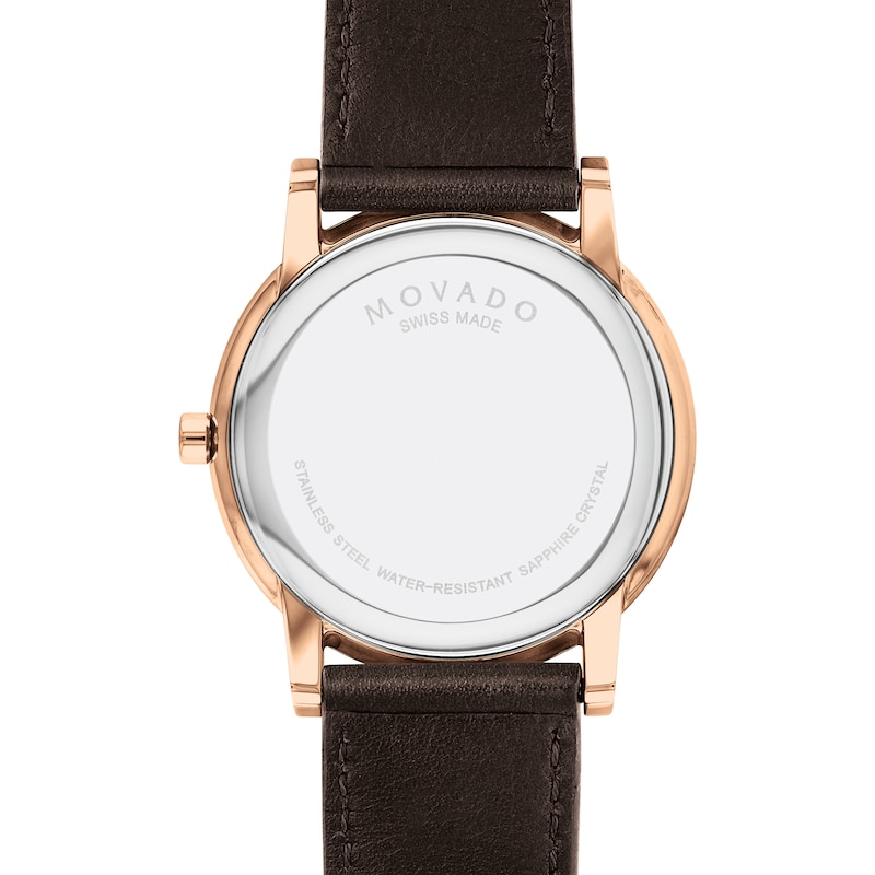 Men's Movado Museum Classic Rose-Tone IP Brown Leather Strap Watch with Blue Dial (Model: 0607597)