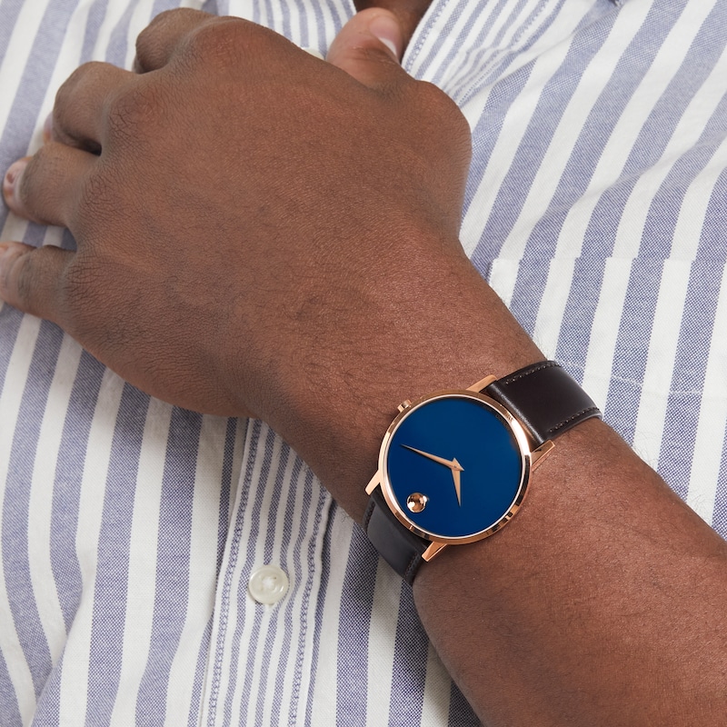 Main Image 4 of Men's Movado Museum Classic Rose-Tone IP Brown Leather Strap Watch with Blue Dial (Model: 0607597)