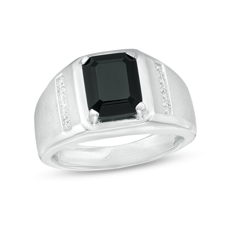 Main Image 1 of Emerald-Cut Faceted Onyx and Diamond Accent Ring in Sterling Silver