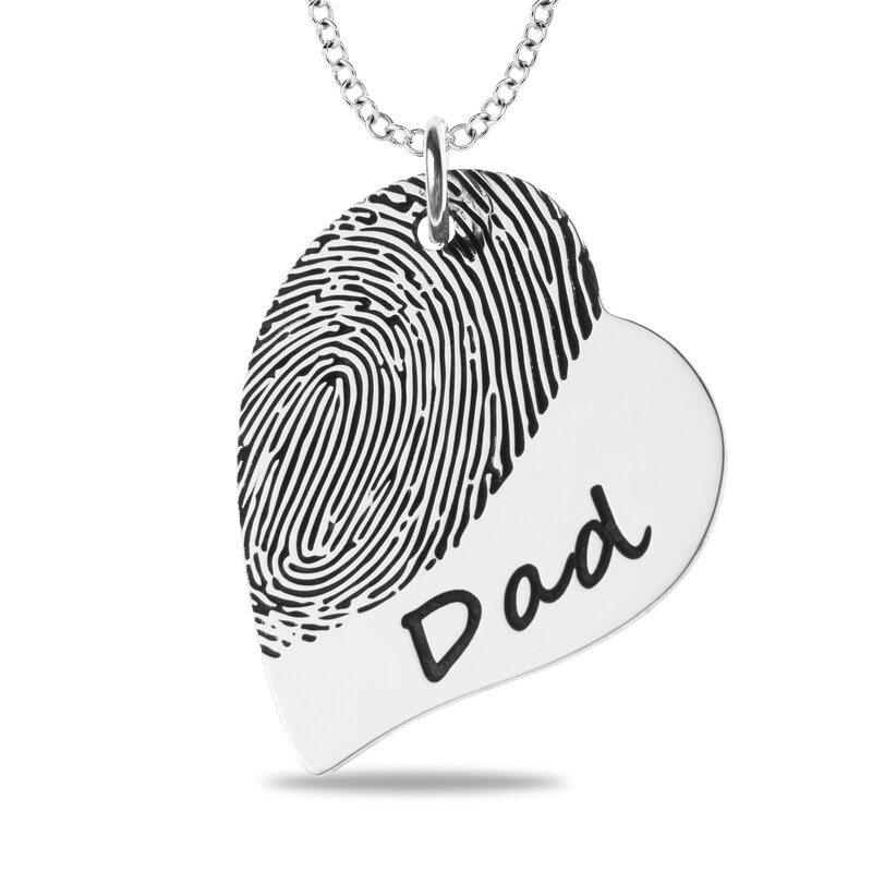 Main Image 1 of Engravable Print and Your Own Handwriting Tilted Heart Pendant in Sterling Silver (1 Image and 4 Lines)