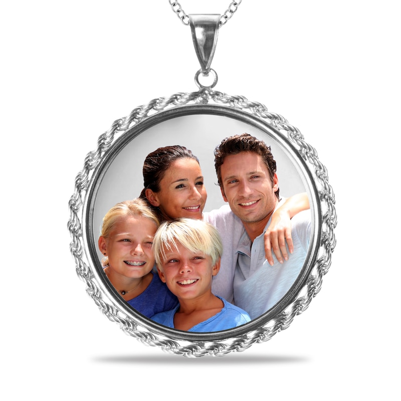 Main Image 1 of Engravable Photo Rope Chain Frame Circle Pendant in Sterling Silver (1 Image and 4 Lines)