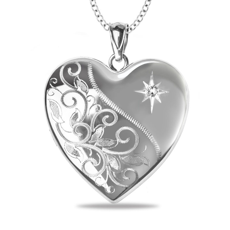 Main Image 1 of Diamond Accent Photo Heart Locket in Sterling Silver with 18K White, Yellow or Rose Gold Plate (1 Image and Line)