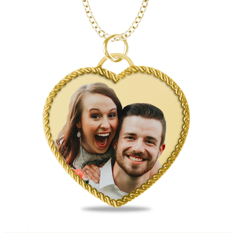 Main Image 1 of Engravable Photo Rope Frame Heart Pendant in 10K White, Yellow or Rose Gold (1 Image and 3 Lines)