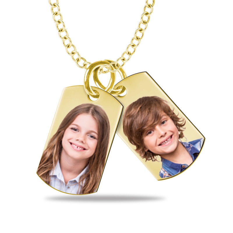 Main Image 1 of Small Engravable Photo Dog Tag Duo Pendant in 10K White, Yellow or Rose Gold (2 Images and 2 Lines)