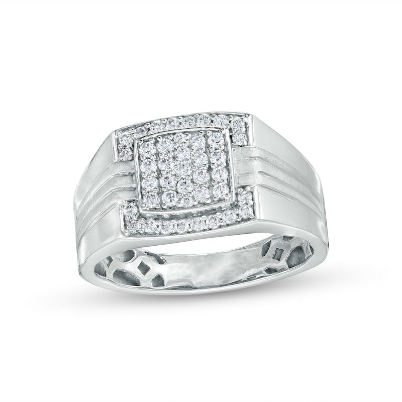 Men's 0.45 CT. T.W. Cushion-Shaped Multi-Diamond Frame Triple Stripe Ring in 10K White Gold