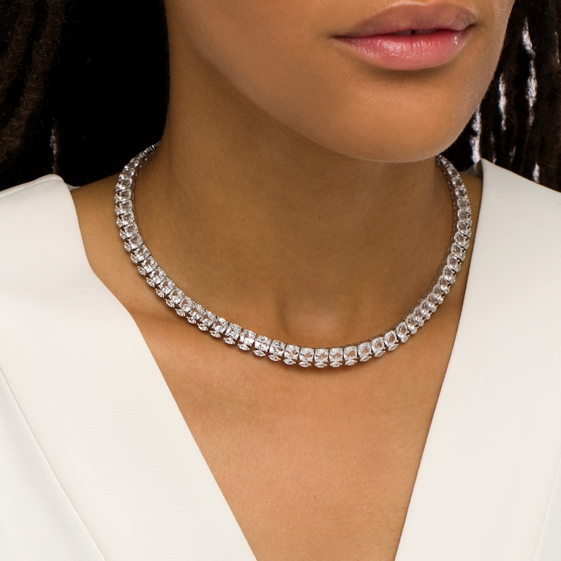 Main Image 2 of Cushion-Cut and Marquise White Lab-Created Sapphire Stacked Choker Necklace in Sterling Silver – 16"