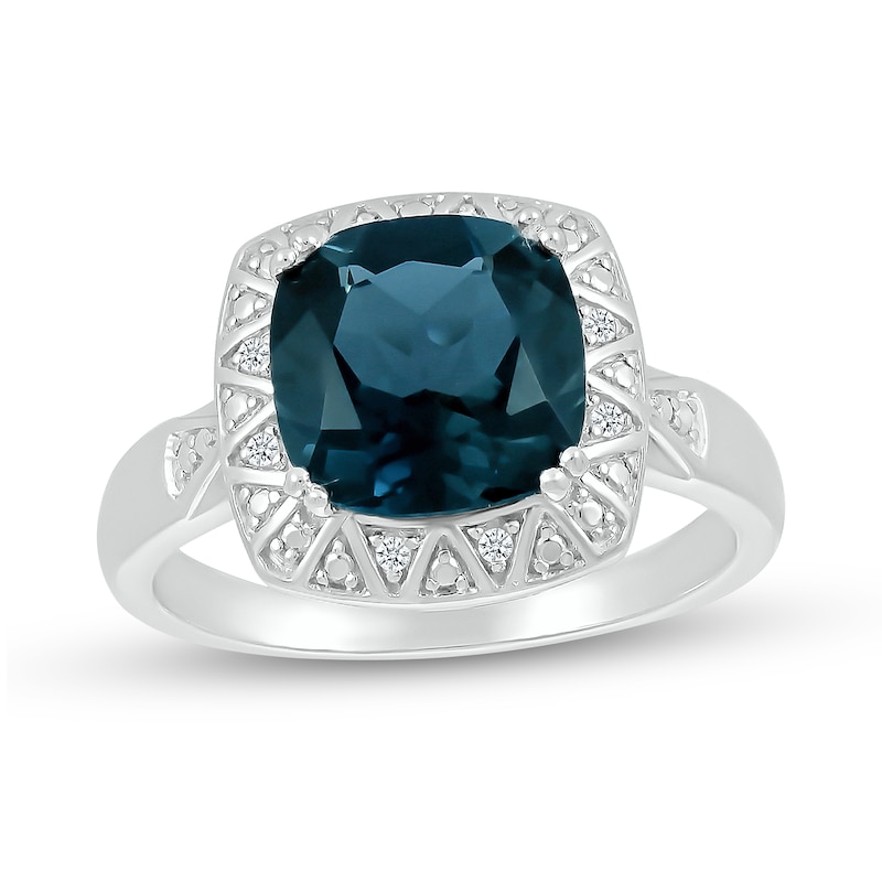 Main Image 1 of 9.0mm Cushion-Cut London Blue Topaz and Diamond Accent Beaded Zig-Zag Frame Ring in Sterling Silver