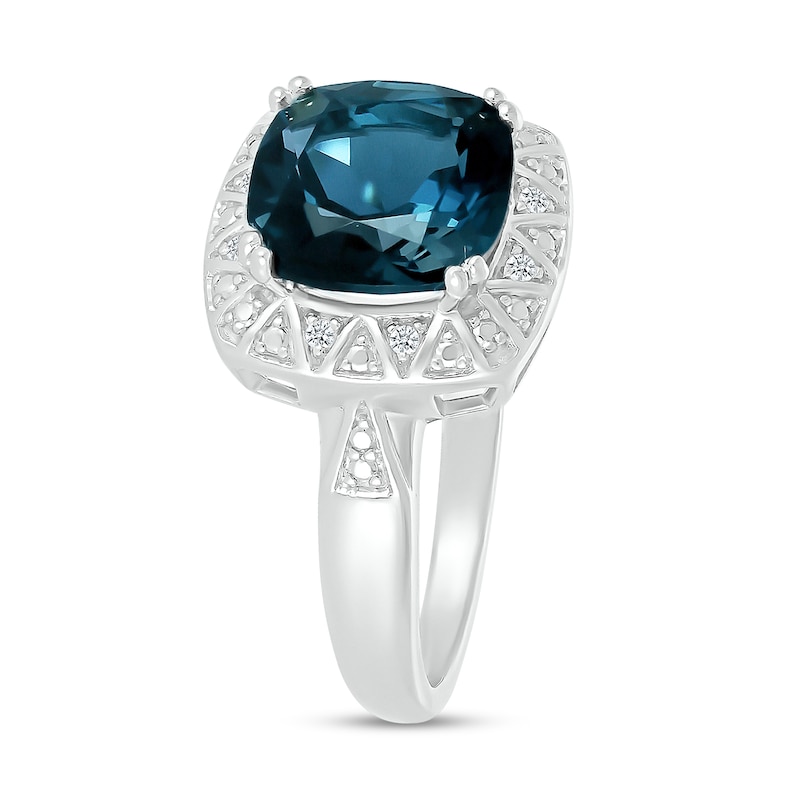 Main Image 2 of 9.0mm Cushion-Cut London Blue Topaz and Diamond Accent Beaded Zig-Zag Frame Ring in Sterling Silver