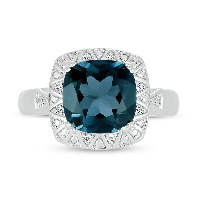 Main Image 3 of 9.0mm Cushion-Cut London Blue Topaz and Diamond Accent Beaded Zig-Zag Frame Ring in Sterling Silver