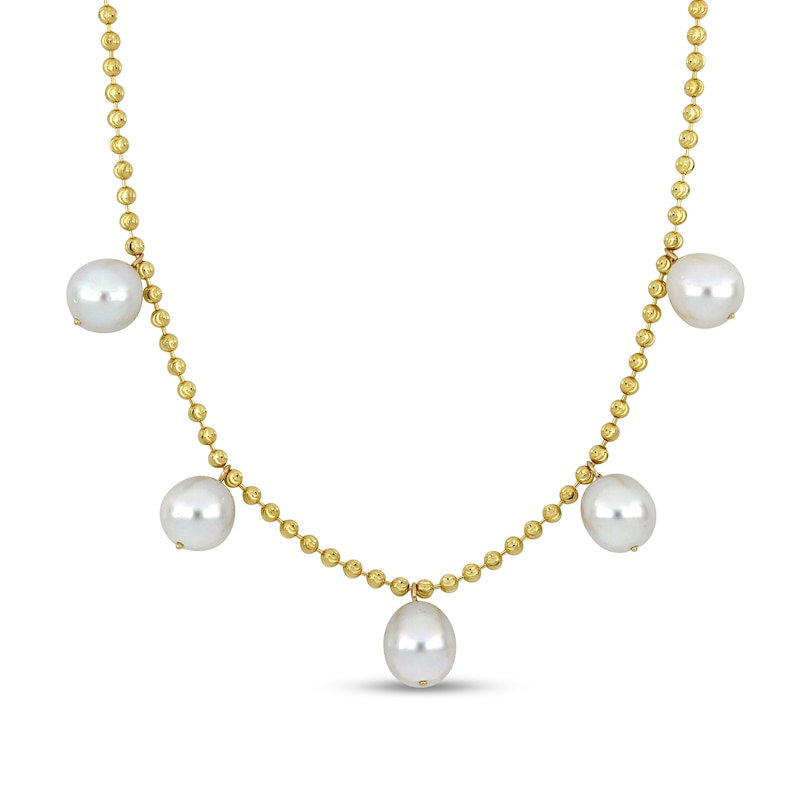 11.0-12.0mm Cultured South Sea Pearl Five Stone Dangle Station Necklace in 10K Gold - 16"|Peoples Jewellers