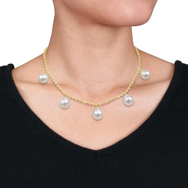 11.0-12.0mm Cultured South Sea Pearl Five Stone Dangle Station Necklace in 10K Gold - 16"|Peoples Jewellers