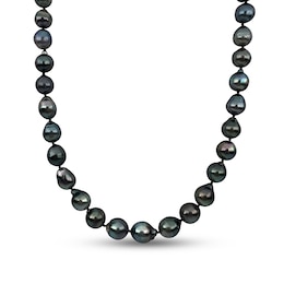 8.0-10.0mm Black Cultured Tahitian Pearl Strand Necklace with Ball Clasp in Sterling Silver