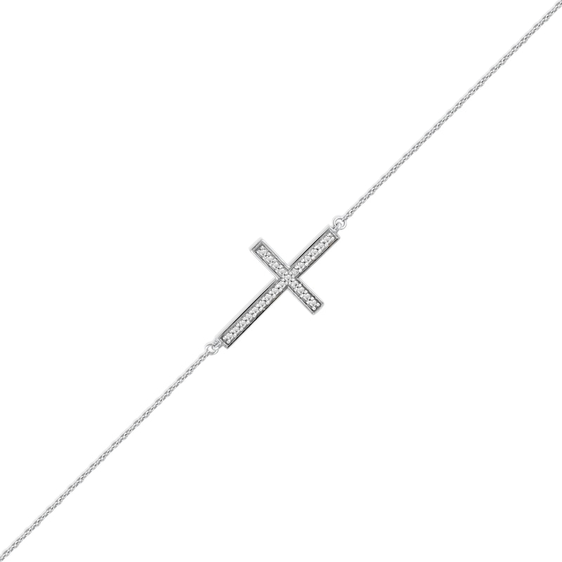 Main Image 1 of 0.12 CT. T.W. Diamond Sideways Cross Bracelet in 10K White Gold - 7.25"