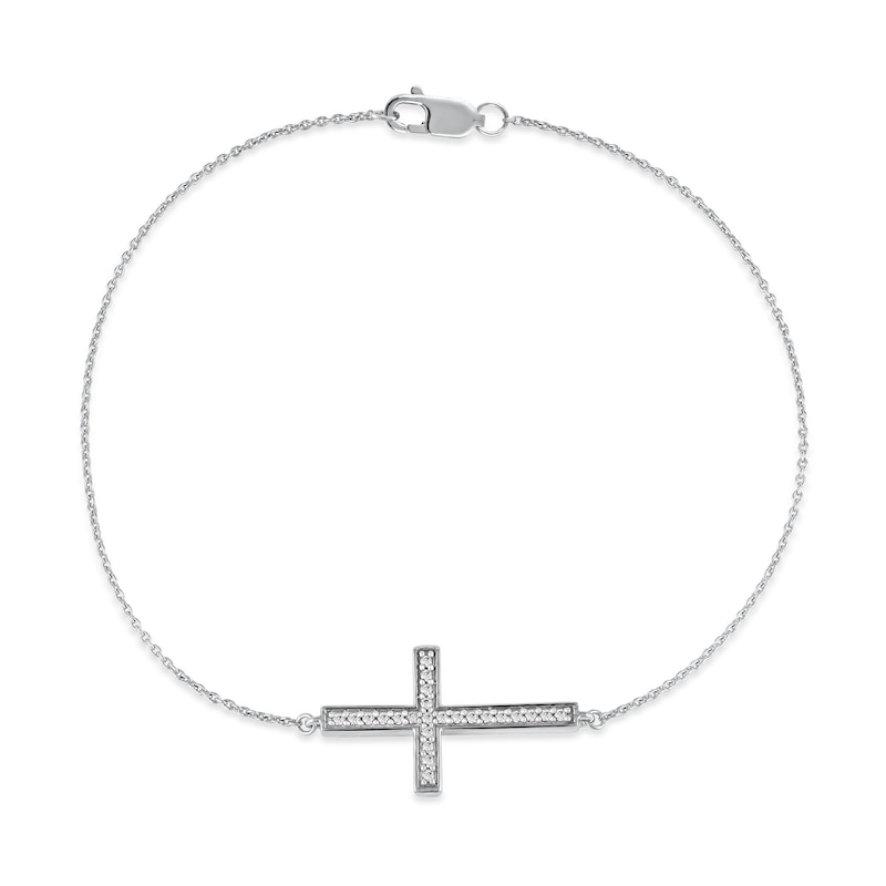 Main Image 2 of 0.12 CT. T.W. Diamond Sideways Cross Bracelet in 10K White Gold - 7.25"
