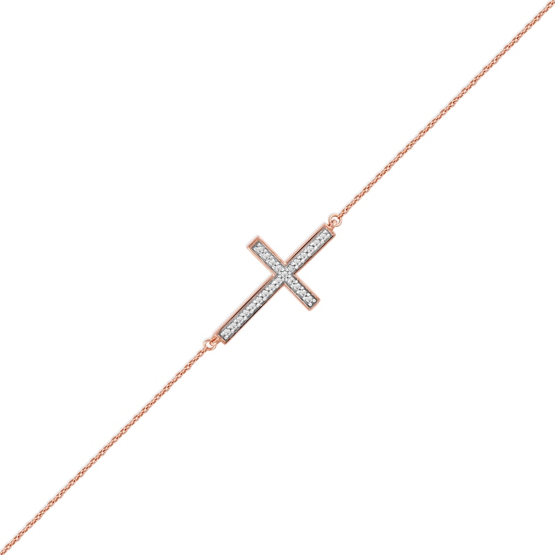 Main Image 1 of 0.12 CT. T.W. Diamond Sideways Cross Bracelet in 10K Rose Gold - 7.25"