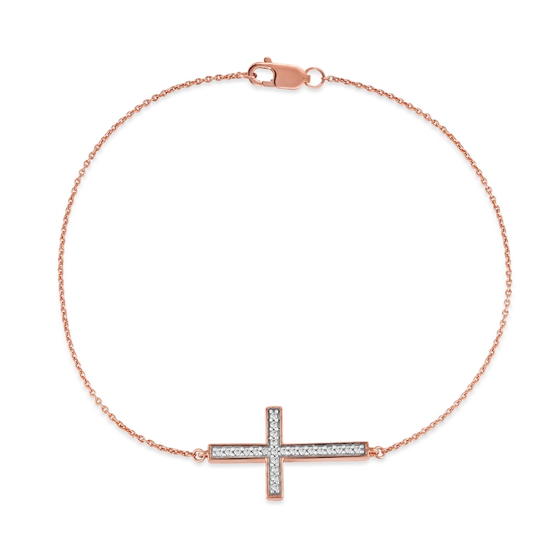 Main Image 2 of 0.12 CT. T.W. Diamond Sideways Cross Bracelet in 10K Rose Gold - 7.25"