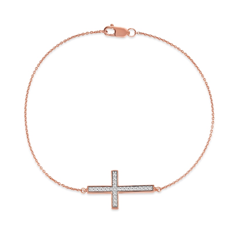 0.12 CT. T.W. Diamond Sideways Cross Bracelet in 10K Rose Gold - 7.25"