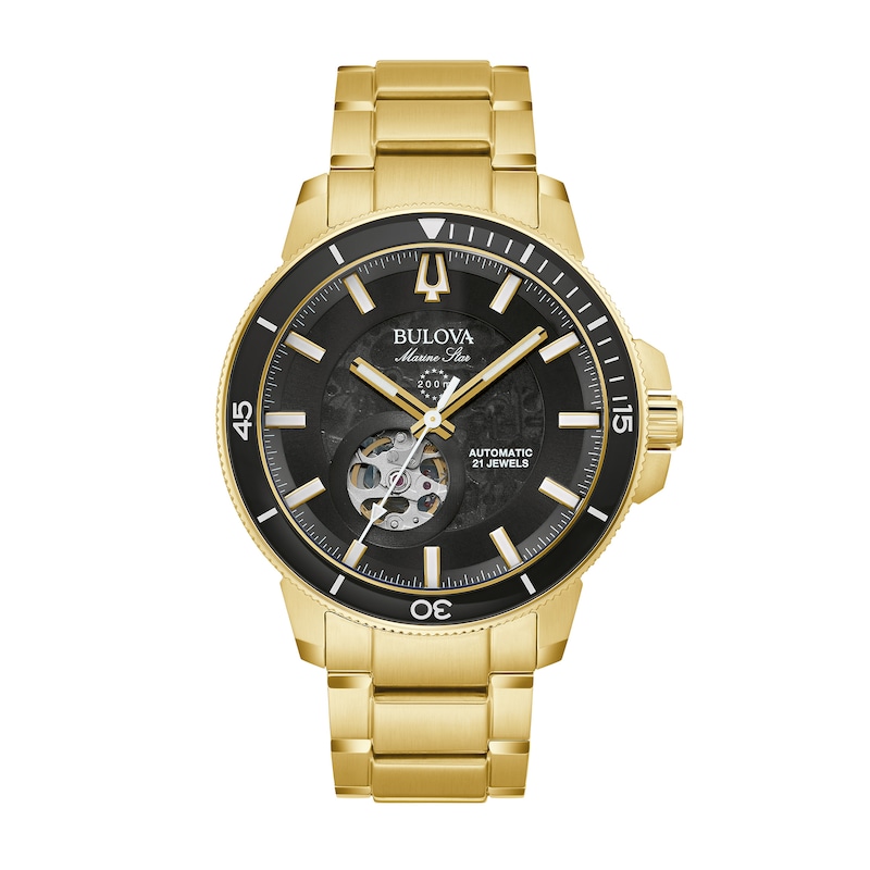 Men's Bulova Marine Star Gold-Tone Automatic Watch with Black Skeleton Dial (Model: 97A174)|Peoples Jewellers