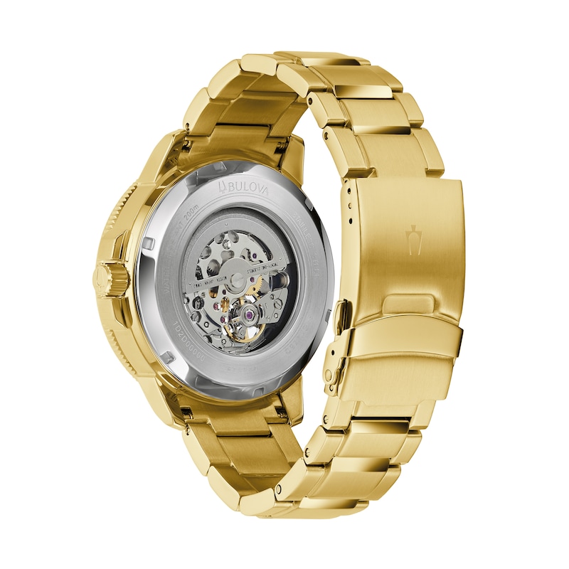 Men's Bulova Marine Star Gold-Tone Automatic Watch with Black Skeleton Dial (Model: 97A174)