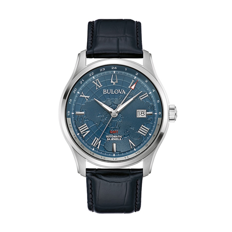 Men's Bulova Classic Wilton Black Leather Strap Watch with Blue Dial (Model: 96B385)
