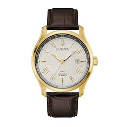 Men's Bulova Wilton Gold-Tone Automatic Brown Leather Strap Watch with White Dial (Model: 97B210)