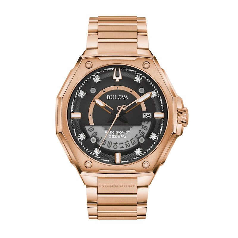 Men's Bulova Precisionist X Diamond Accent Rose-Tone Watch with Black Dial (Model: 97D129)|Peoples Jewellers