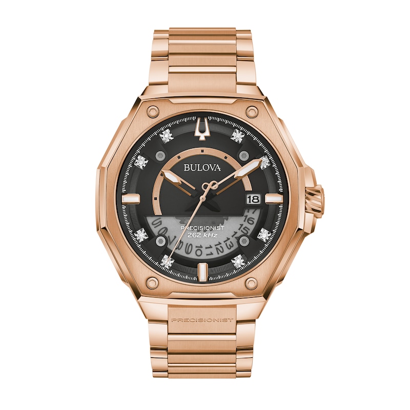Main Image 1 of Men's Bulova Precisionist X Diamond Accent Rose-Tone Watch with Black Dial (Model: 97D129)
