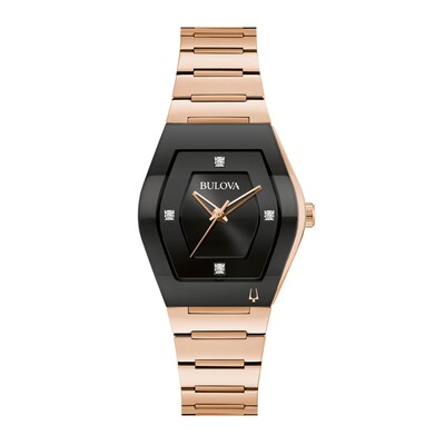 Ladies' Bulova Modern Gemini Diamond Accent Rose-Tone Strap with Tonneau Black Dial (Model: 97P158)