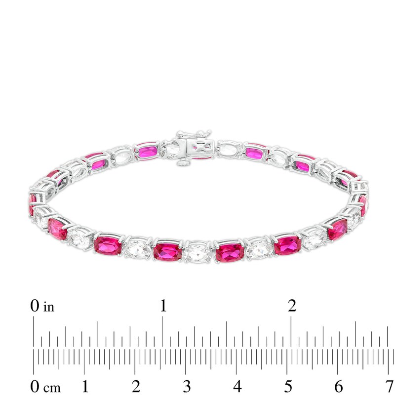 Main Image 4 of Cushion-Cut Lab-Created Ruby and Oval White Lab-Created Sapphire Alternating Line Bracelet in Sterling Silver – 7.25"
