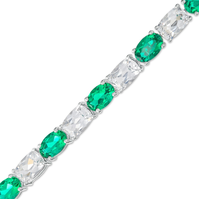 Oval Lab-Created Emerald and Cushion-Cut White Lab-Created Sapphire Alternating Line Bracelet in Sterling Silver – 7.25"