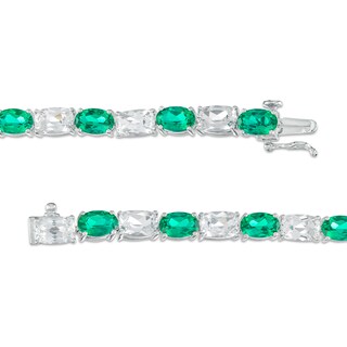 Oval Lab-Created Emerald and Cushion-Cut White Lab-Created Sapphire Alternating Line Bracelet in Sterling Silver – 7.25"