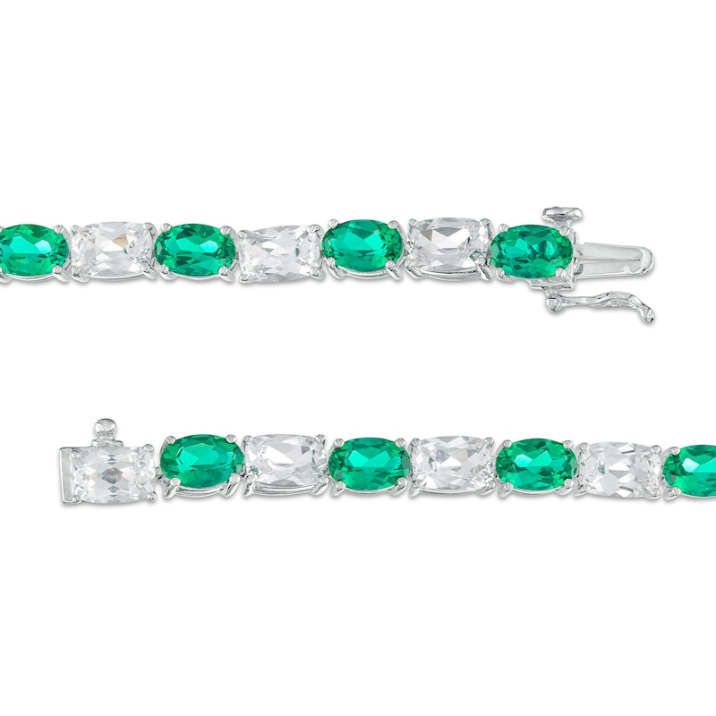 Main Image 3 of Oval Lab-Created Emerald and Cushion-Cut White Lab-Created Sapphire Alternating Line Bracelet in Sterling Silver – 7.25"