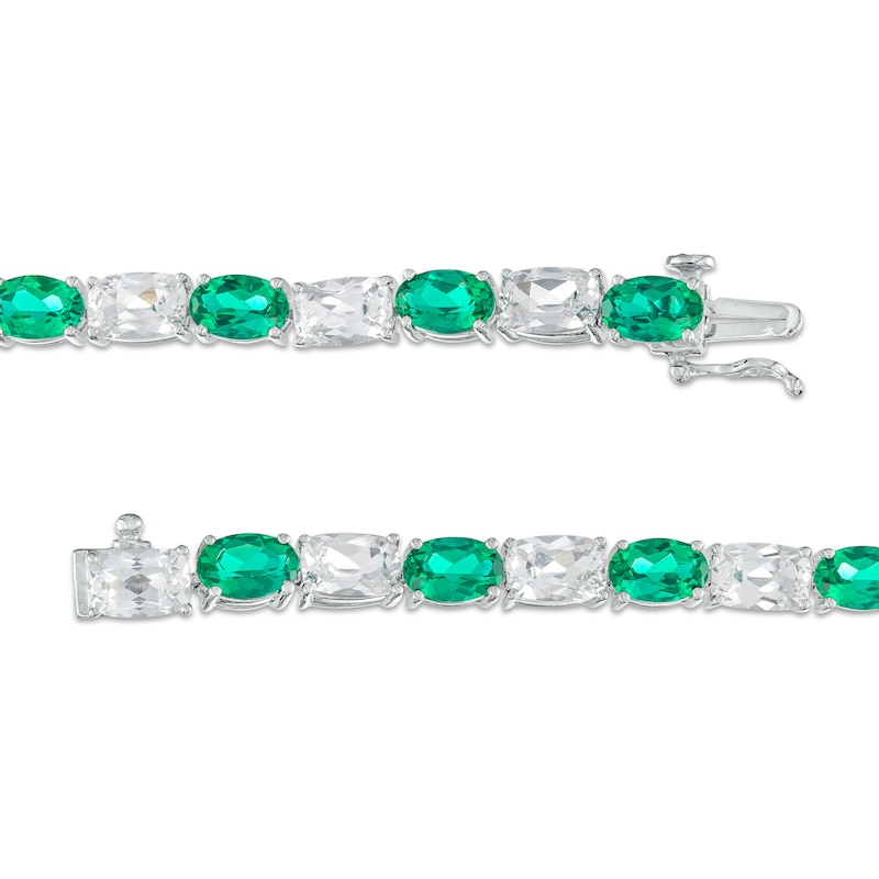 Oval Lab-Created Emerald and Cushion-Cut White Lab-Created Sapphire Alternating Line Bracelet in Sterling Silver – 7.25"|Peoples Jewellers