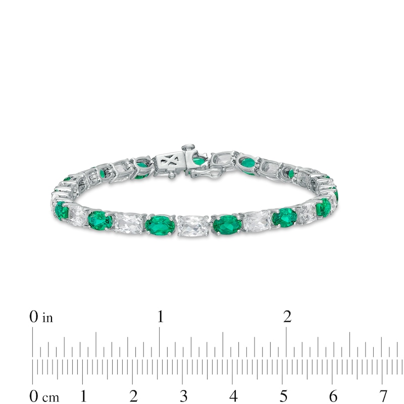 Main Image 4 of Oval Lab-Created Emerald and Cushion-Cut White Lab-Created Sapphire Alternating Line Bracelet in Sterling Silver – 7.25"