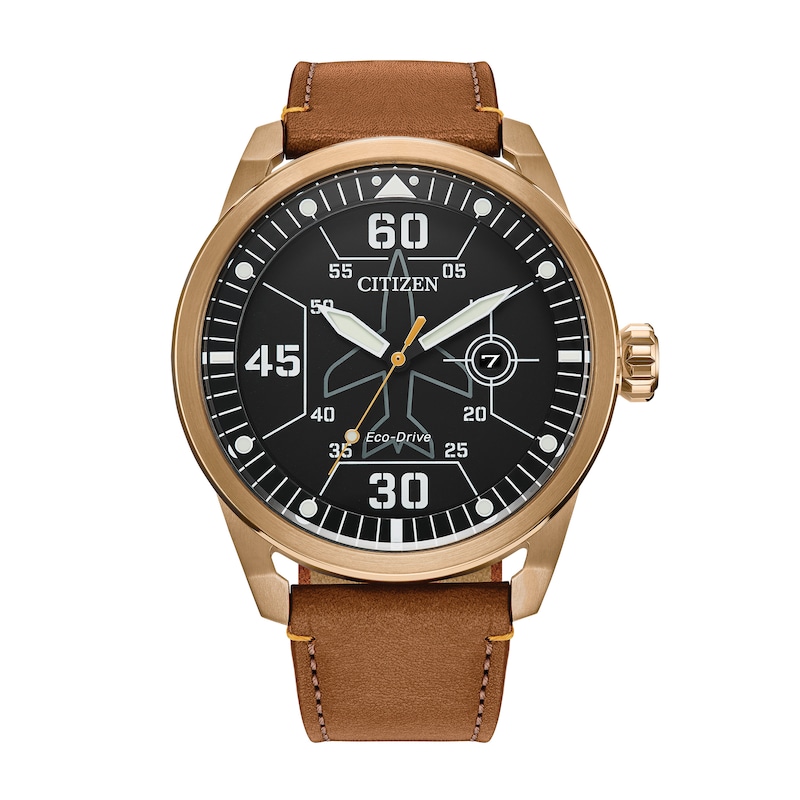 Men's Citizen Eco-Drive® Avion Rose-Tone Brown Leather Strap Watch with Black Dial (Model: AW1733-09E)
