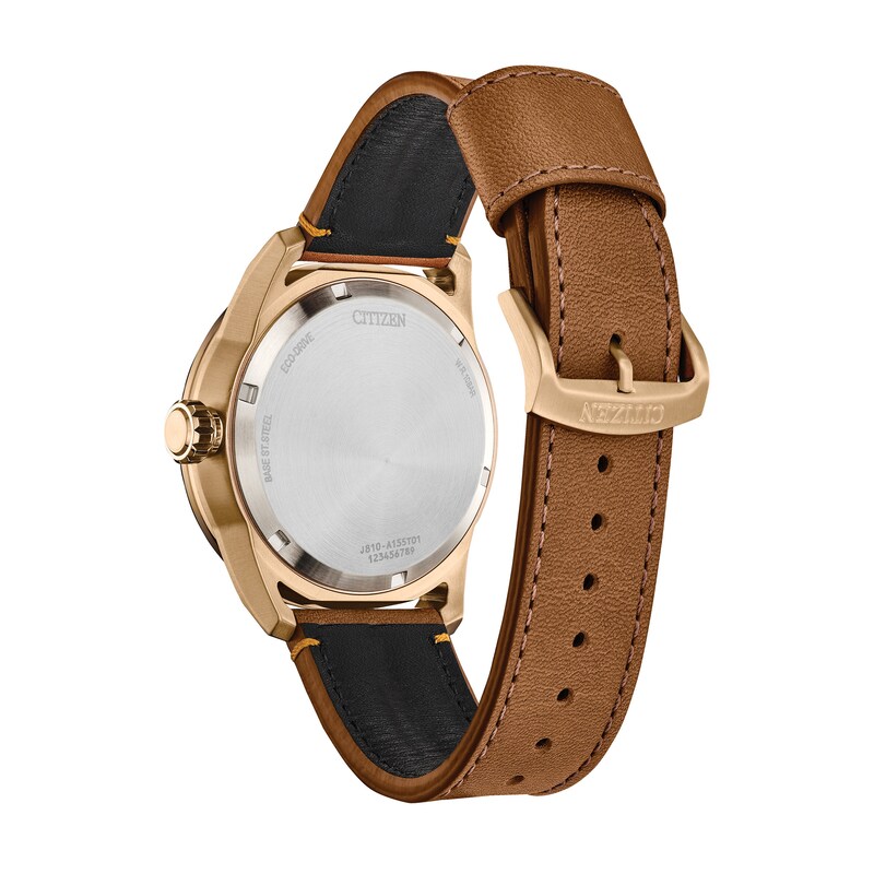 Men's Citizen Eco-Drive® Avion Rose-Tone Brown Leather Strap Watch with Black Dial (Model: AW1733-09E)