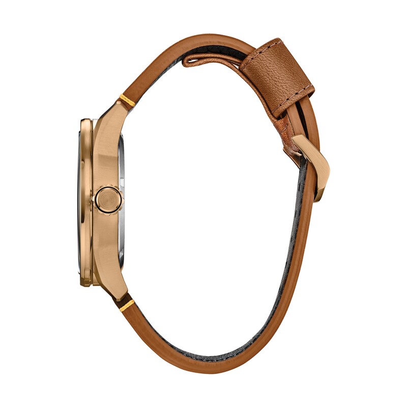 Men's Citizen Eco-Drive® Avion Rose-Tone Brown Leather Strap Watch with Black Dial (Model: AW1733-09E)