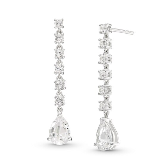 Pear-Shaped and Round White Lab-Created Sapphire Drop Earrings in Sterling Silver