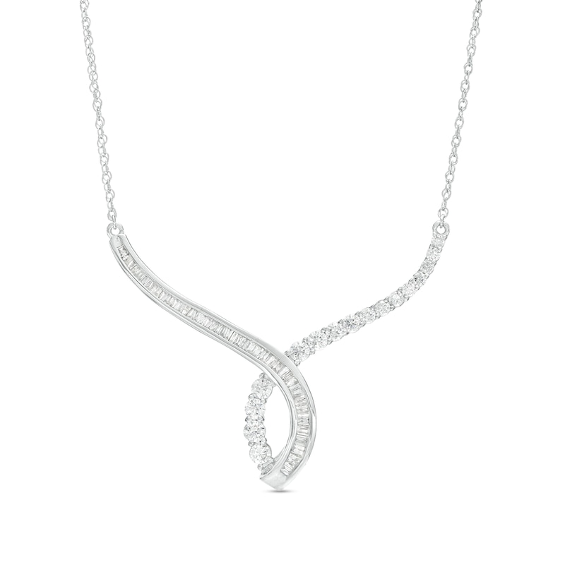 Main Image 1 of 1.00 CT. T.W. Baguette and Round Diamond Twisted Curve Necklace in 10K White Gold