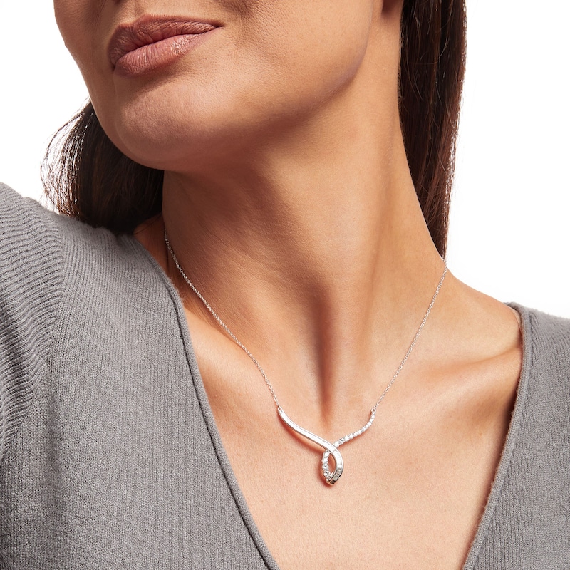 Main Image 2 of 1.00 CT. T.W. Baguette and Round Diamond Twisted Curve Necklace in 10K White Gold