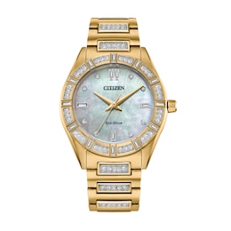 Ladies' Citizen Eco-Drive® Crystal Gold-Tone Watch with Mother-of-Pearl Dial (Model: EM1022-51D)