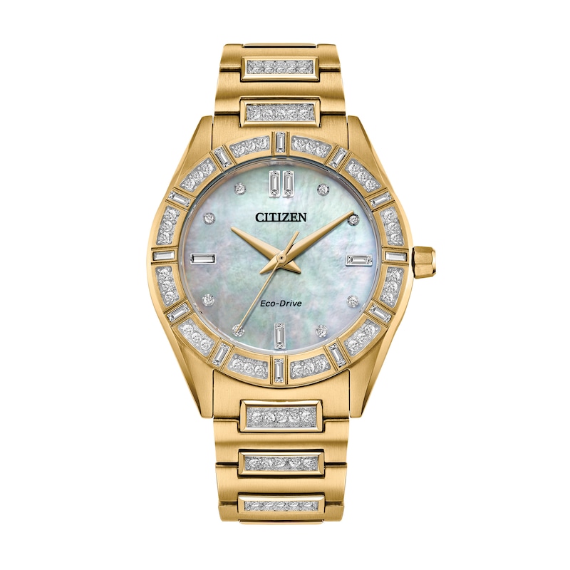 Ladies' Citizen Eco-Drive® Crystal Gold-Tone Watch with Mother-of-Pearl Dial (Model: EM1022-51D)