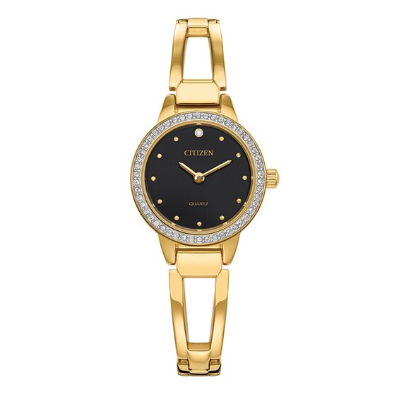 Ladies' Citizen Quartz Classic Crystal Accent Gold-Tone Bangle Watch with Black Dial (Model: EZ7012-85E)