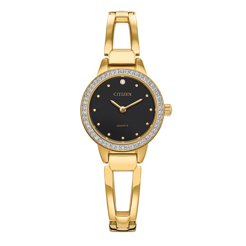 Main Image 1 of Ladies' Citizen Quartz Classic Crystal Accent Gold-Tone Bangle Watch with Black Dial (Model: EZ7012-85E)